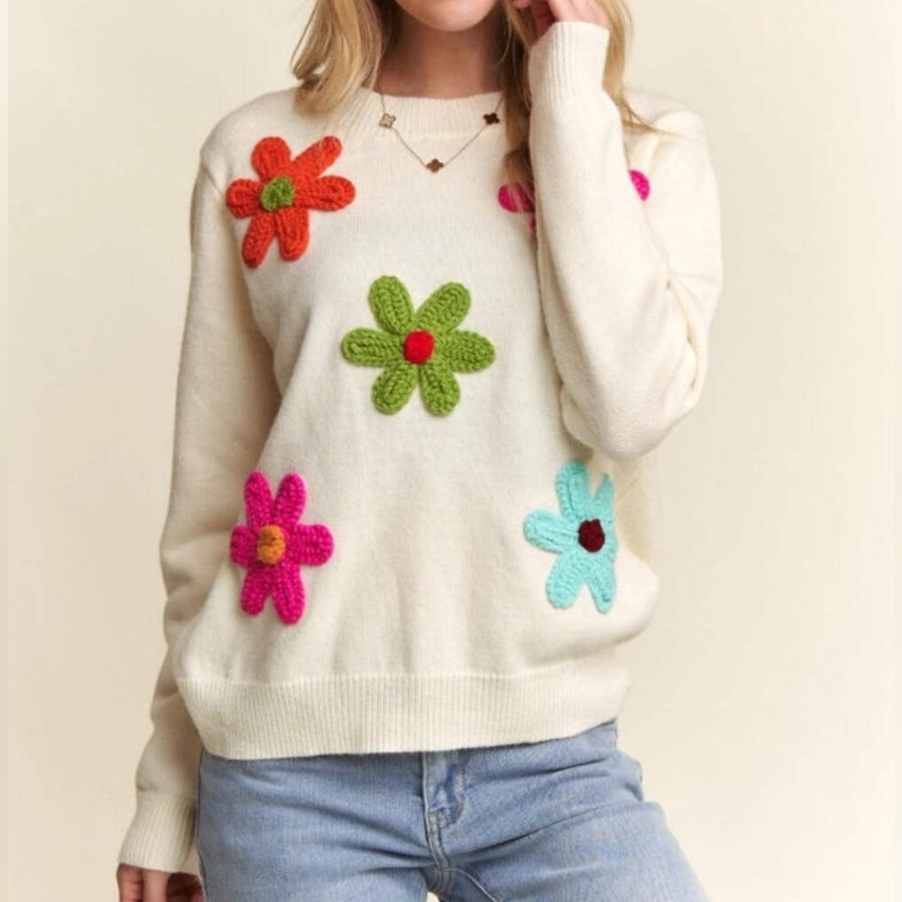 ADORA Floral Patch‎ Crew Cream Sweater with Colorful Floral Accents Large New